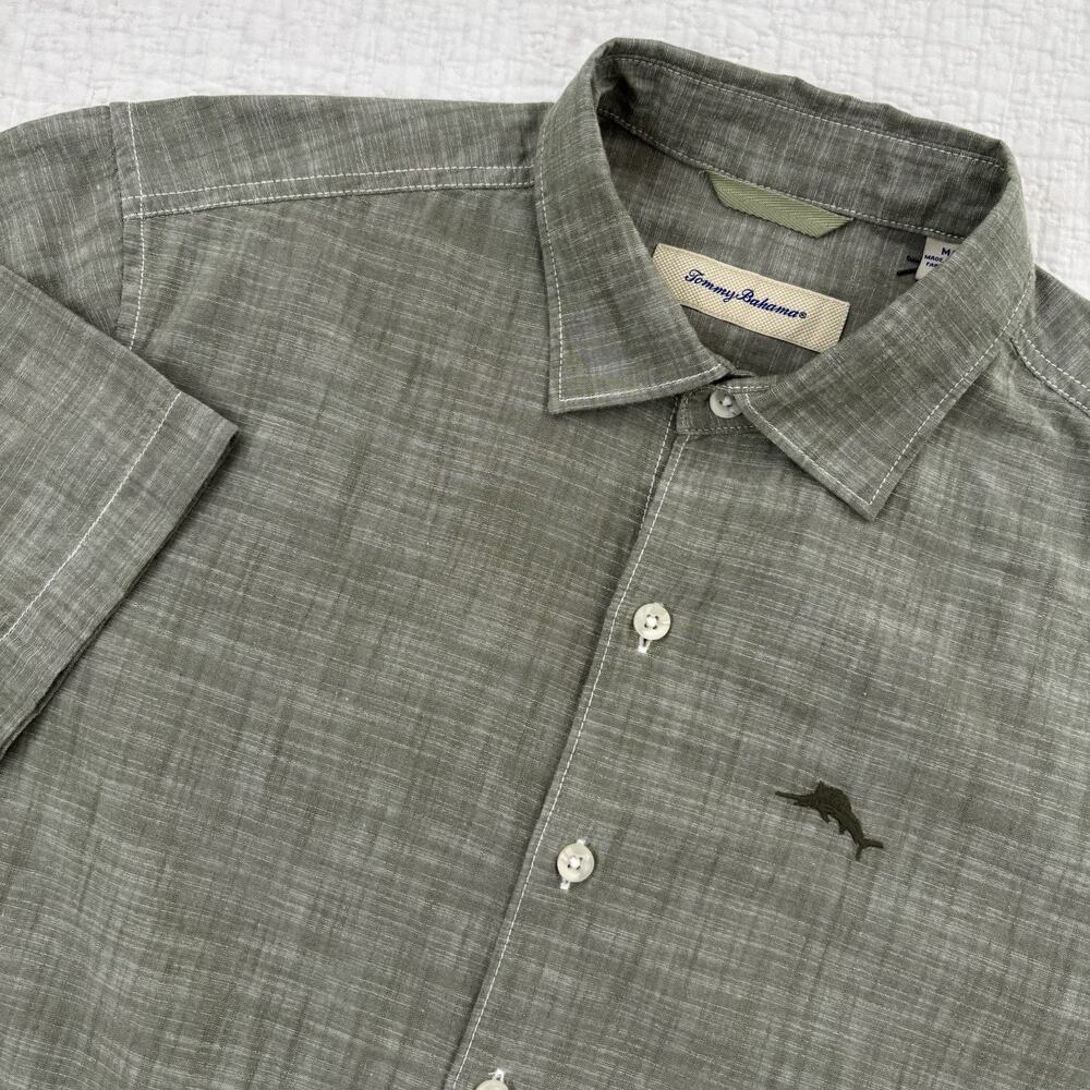 Tommy Bahama Button Up Shirt Mens Medium Grey Cotton Short Sleeve Tea Leaf